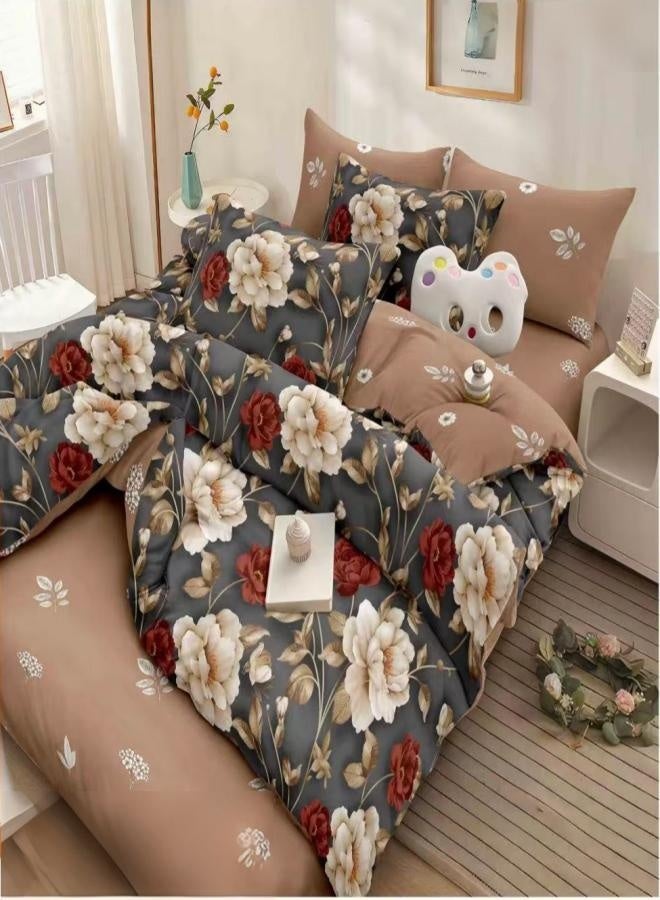 طقم غطاء لحاف فاخر 6 قطع - مقاسات كينغ/كوين/سنجل - يشمل غطاء لحاف، ملاءة مشدودة و4 أغطية وسائد - بياضات أنيقة ومريحة